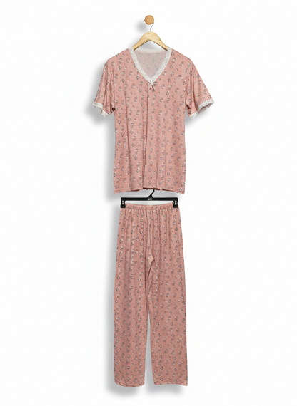 WOMEN'S PINK FLORAL PRINT COTTON PAJAMA SET |L|