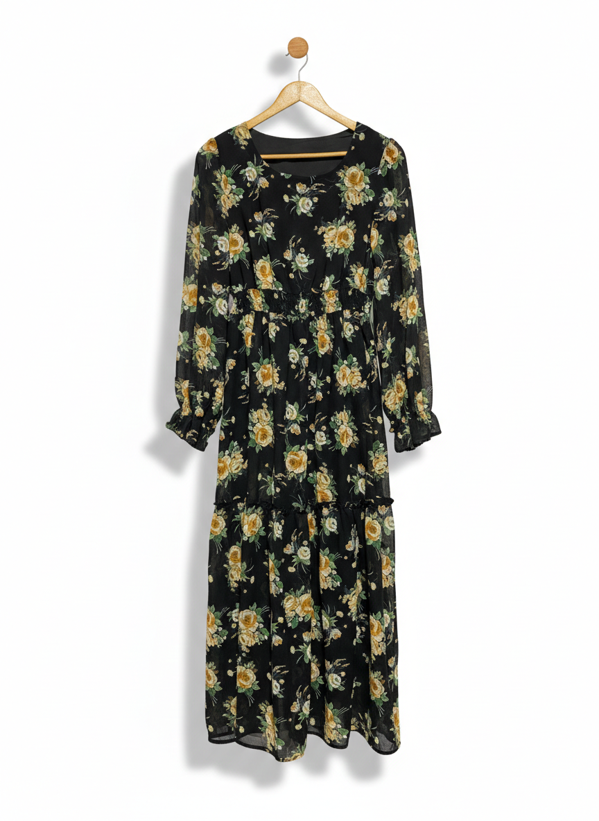 SHEIN |L| BUST 18| C3| ELEGANT BLACK FLORAL LONG-SLEEVE MAXI DRESS WITH RUFFLE DETAILS