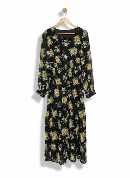 SHEIN |L| BUST 18| C3| ELEGANT BLACK FLORAL LONG-SLEEVE MAXI DRESS WITH RUFFLE DETAILS