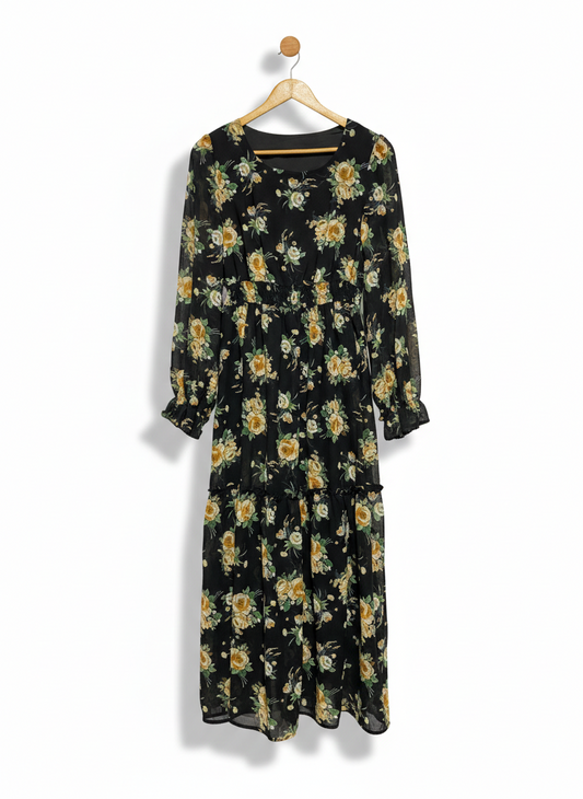SHEIN |L| BUST 18| C3| ELEGANT BLACK FLORAL LONG-SLEEVE MAXI DRESS WITH RUFFLE DETAILS