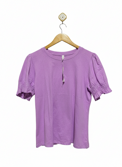 & ME |M| BUST 19| C1|  CHIC LAVENDER SMOCKED PUFF-SLEEVE CREW NECK BLOUSE