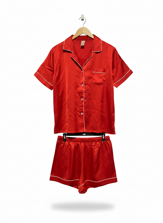 ANKO |M| WOMEN'S SATIN PYJAMA SHORT SET IN CRIMSON RED
