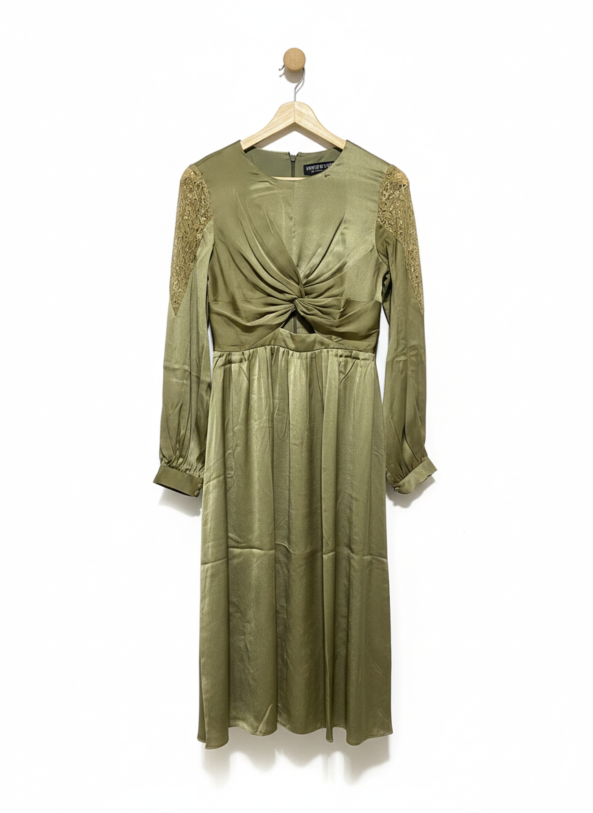 LITTLE MISTRESS |S| BUST 16| C6| ELEGANT OLIVE GREEN SATIN TWIST-FRONT MIDI DRESS WITH LACE SHOULDERS