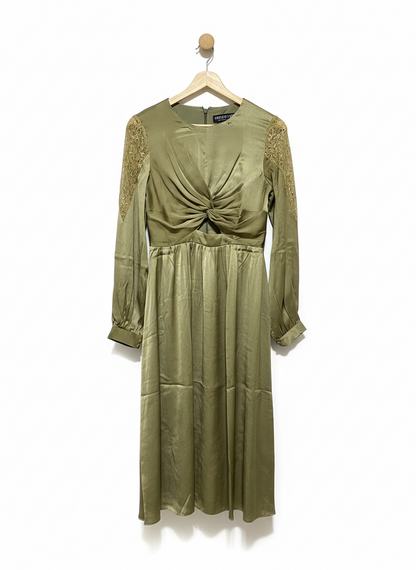 LITTLE MISTRESS |S| BUST 16| C6| ELEGANT OLIVE GREEN SATIN TWIST-FRONT MIDI DRESS WITH LACE SHOULDERS