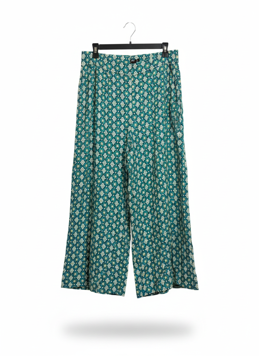 SPORTS GIRL |L| WAIST 32| WOMEN'S PRINTED WIDE-LEG CULOTTE PANTS IN TEAL AND GOLD