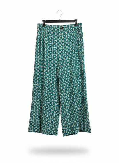 SPORTS GIRL |L| WAIST 32| WOMEN'S PRINTED WIDE-LEG CULOTTE PANTS IN TEAL AND GOLD