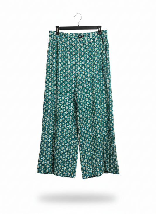 SPORTS GIRL |L| WAIST 32| C7| WOMEN'S PRINTED WIDE-LEG CULOTTE PANTS IN TEAL AND GOLD