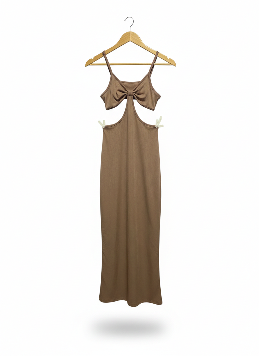 SHEIN |S| BUST 12| BROWN KNOT-FRONT MIDAXI DRESS WITH WAIST CUT-OUTS