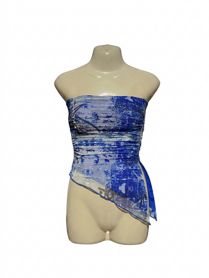 NEOVISION |XS| BUST 22| B20| PREMIUM BLUE ABSTRACT PRINT MESH TUBE TOP – ASYMMETRIC RUCHE DESIGN