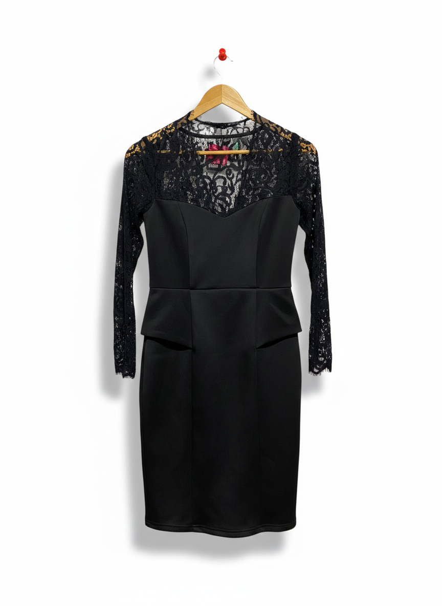 MEI MEI |S| BUST 15| C5| SOPHISTICATED BLACK LACE-OVERLAY PEPLUM DRESS