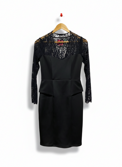 MEI MEI |S| BUST 15| C5| SOPHISTICATED BLACK LACE-OVERLAY PEPLUM DRESS