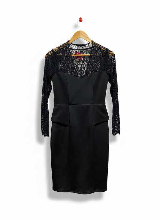 MEI MEI |S| BUST 15| C5| SOPHISTICATED BLACK LACE-OVERLAY PEPLUM DRESS