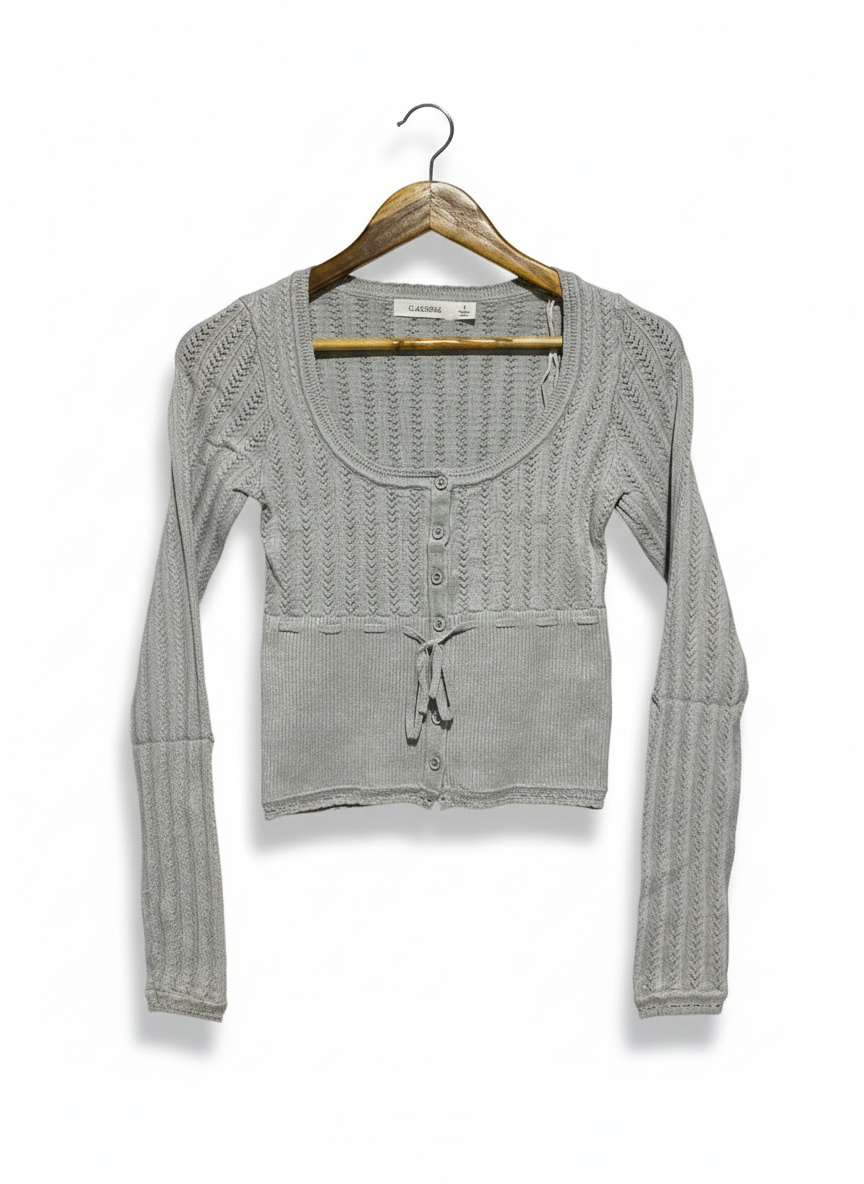GLASSONS |S| BUST 13|C2|GREY POINTELLE KNIT BUTTON-FRONT TOP