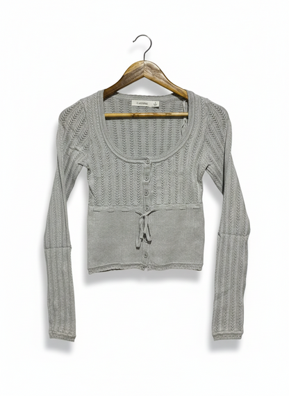 GLASSONS |S| BUST 13|C2|GREY POINTELLE KNIT BUTTON-FRONT TOP