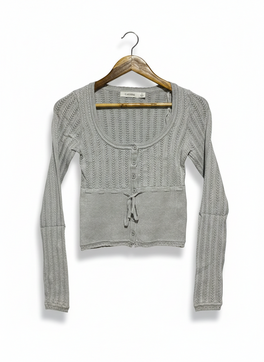 GLASSONS |S| BUST 13|C2|GREY POINTELLE KNIT BUTTON-FRONT TOP