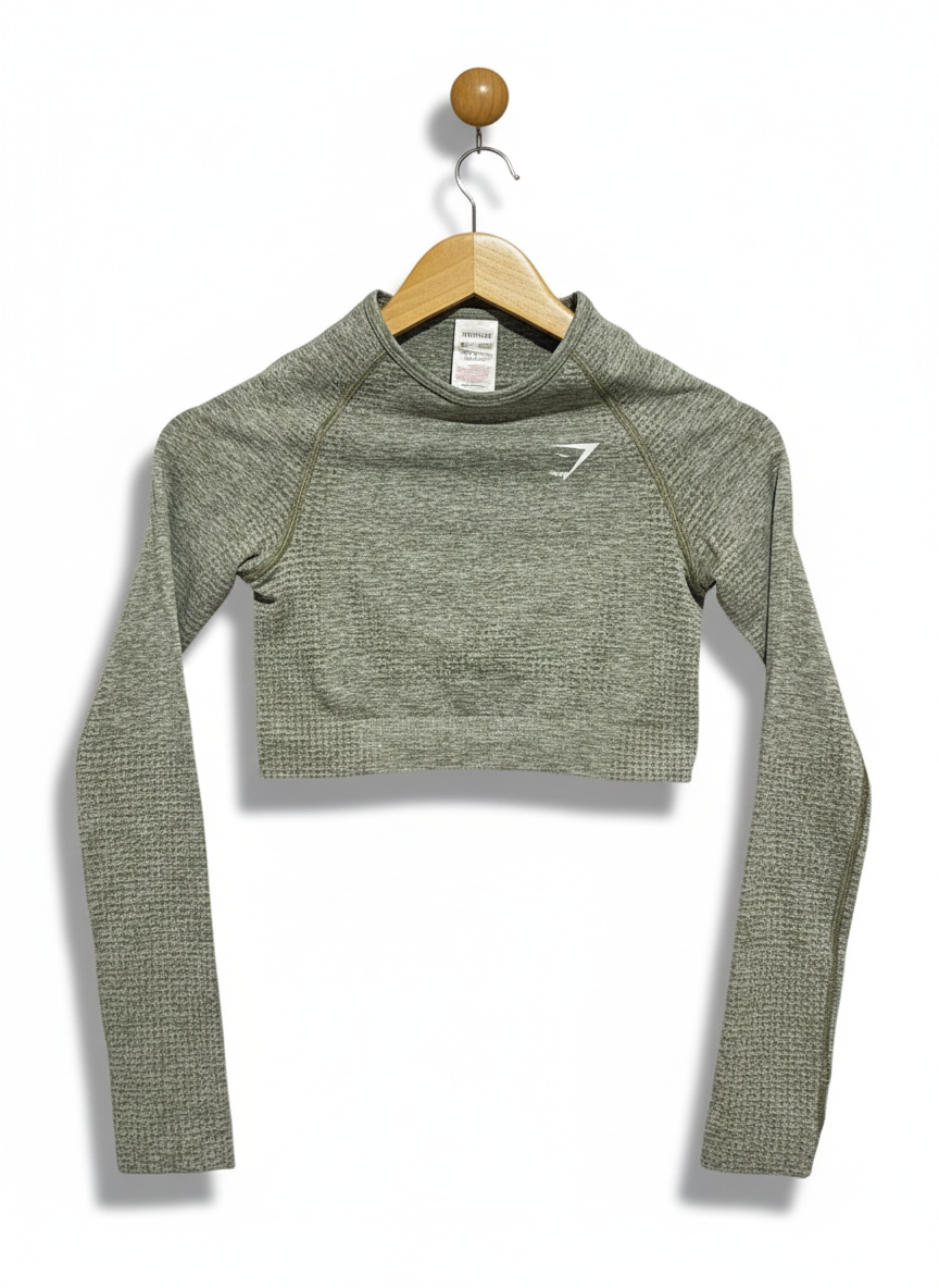 GYMSHARK |S| BUST 13| WOMEN’S SEAMLESS LONG-SLEEVE CROP TOP - MARL SAGE GREEN PERFORMANCE WEAR