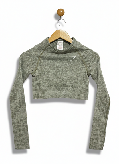 GYMSHARK |S| BUST 13| WOMEN’S SEAMLESS LONG-SLEEVE CROP TOP - MARL SAGE GREEN PERFORMANCE WEAR