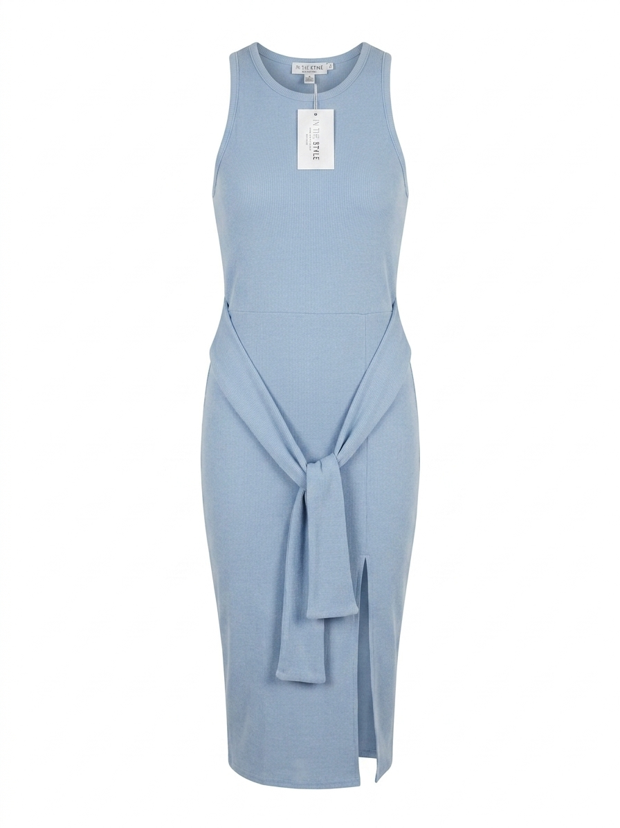 IN THE STYLE |M| BUST 17| B14| PALE BLUE RIBBED TIE-WAIST MIDI DRESS