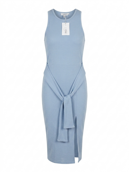 IN THE STYLE |M| BUST 17| B14| PALE BLUE RIBBED TIE-WAIST MIDI DRESS