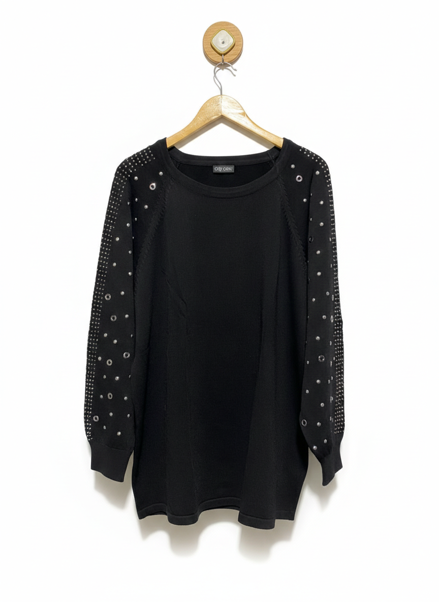 CITY CHIC |L| BUST 23| Black Long-Sleeve Sweater Featuring Silver Grommets or Studs