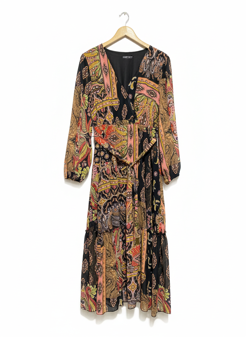 SHEIN |L| BUST 18| C5| BOHEMIAN MULTICOLOR PAISLEY MAXI DRESS - V-NECK WITH TIE WAIST