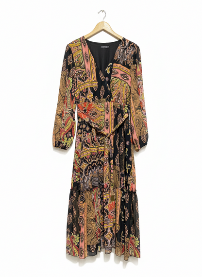SHEIN |L| BUST 18| C5| BOHEMIAN MULTICOLOR PAISLEY MAXI DRESS - V-NECK WITH TIE WAIST