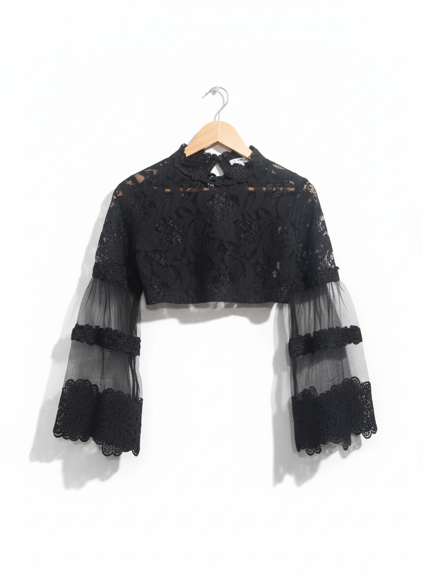 FEMME LUXE Black Lace Long-Sleeve Crop Top With Bell Sleeves