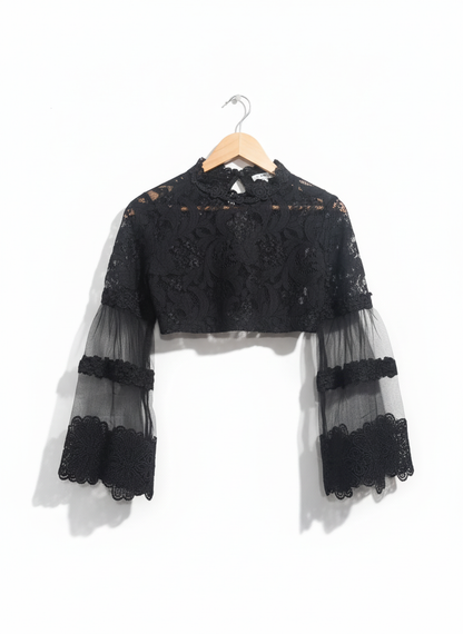FEMME LUXE Black Lace Long-Sleeve Crop Top With Bell Sleeves