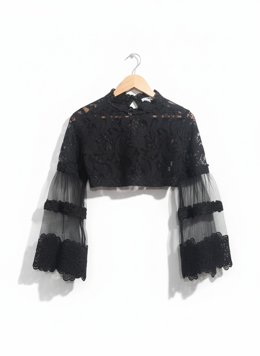 FEMME LUXE Black Lace Long-Sleeve Crop Top With Bell Sleeves