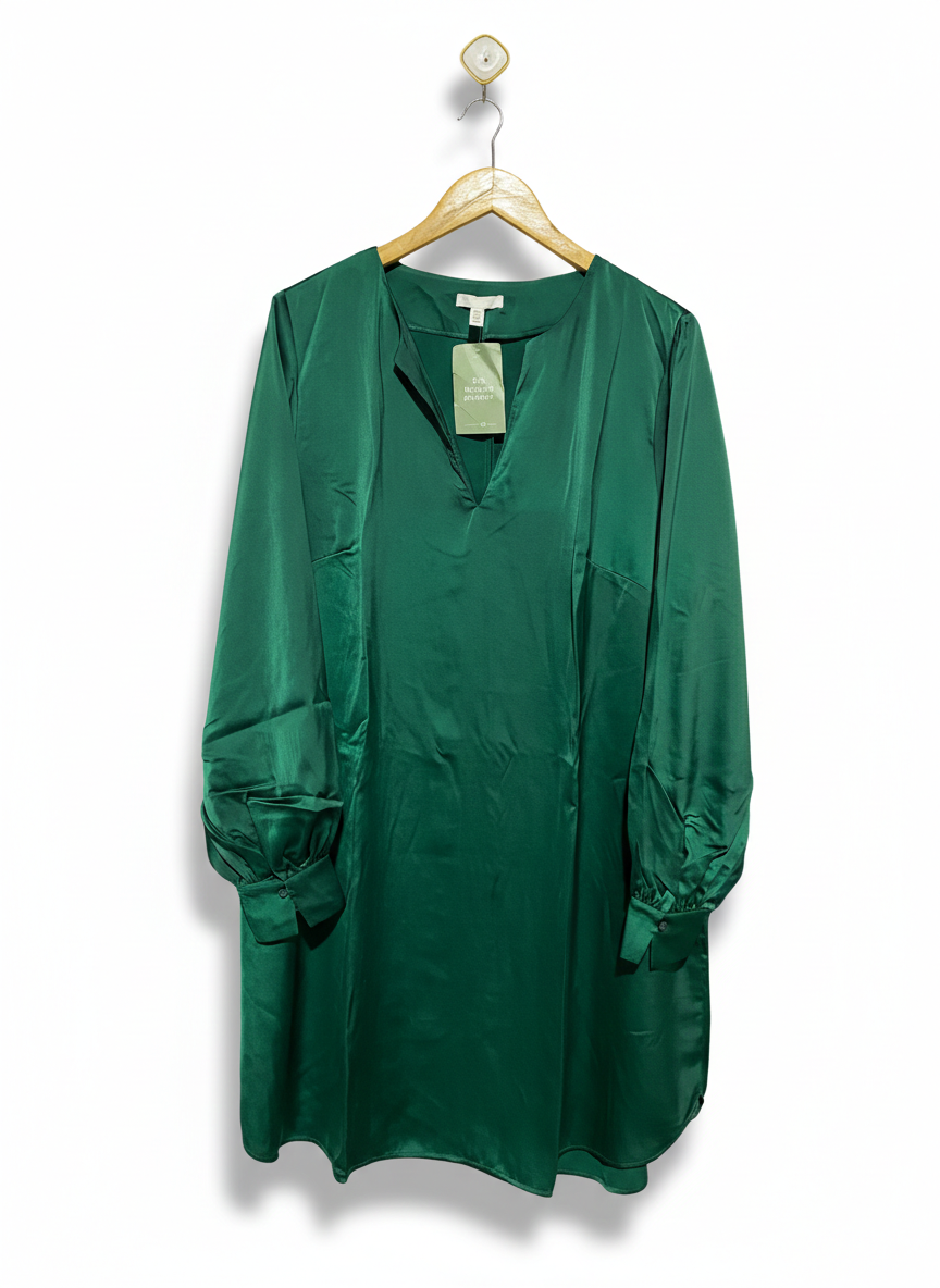 H&M |L| BUST 25| EMERALD GREEN SATIN V-NECK MINI DRESS