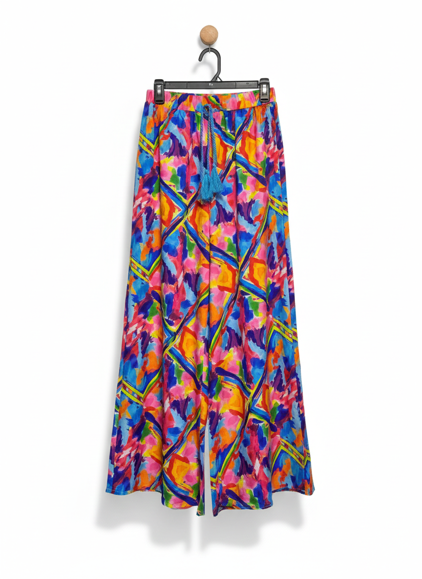 WOMEN’S VIBRANT MULTICOLOR ABSTRACT PRINT PALAZZO PANTS WITH TASSEL DRAWSTRING|M| WAIST 26|