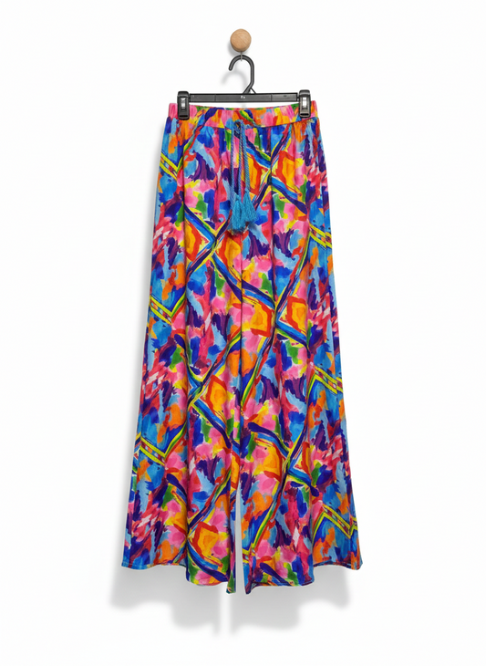 WOMEN’S VIBRANT MULTICOLOR ABSTRACT PRINT PALAZZO PANTS WITH TASSEL DRAWSTRING|M| WAIST 26|