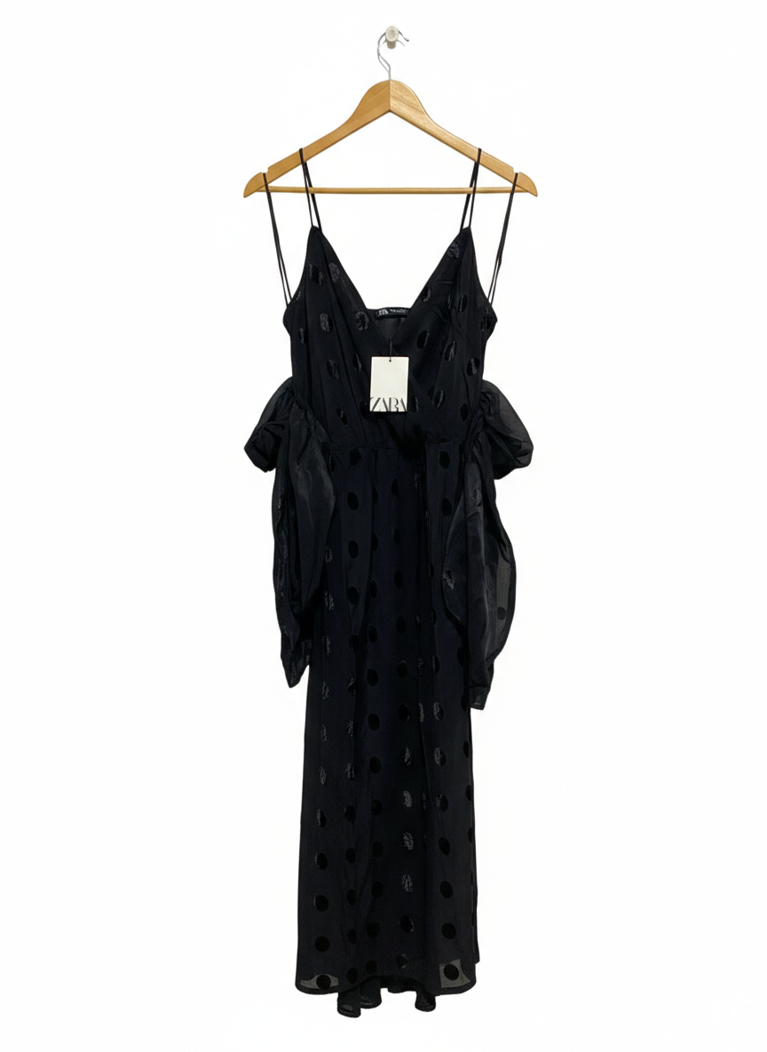 ZARA |S| BUST 15| ELEGANT BLACK VELVET POLKA DOT MIDI DRESS WITH DRAMATIC RUFFLES
