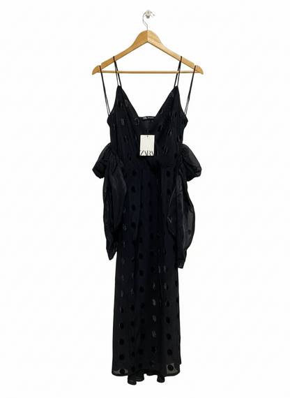 ZARA |S| BUST 15| ELEGANT BLACK VELVET POLKA DOT MIDI DRESS WITH DRAMATIC RUFFLES