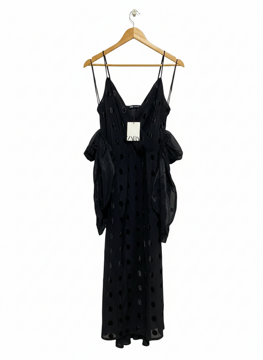 ZARA |S| BUST 15| ELEGANT BLACK VELVET POLKA DOT MIDI DRESS WITH DRAMATIC RUFFLES