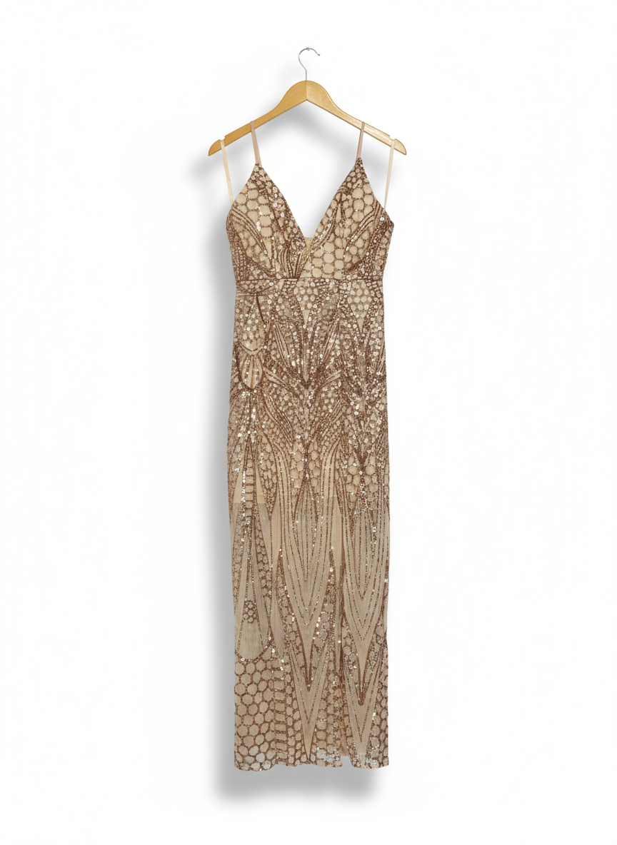 STREET HEART |M| BUST 16| ROSE GOLD SEQUIN ART DECO GOWN MAXI DRESS