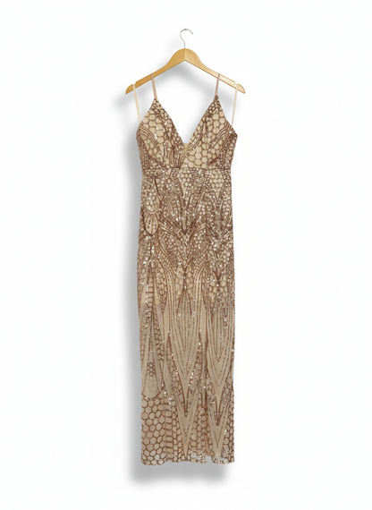 STREET HEART |M| BUST 16| ROSE GOLD SEQUIN ART DECO GOWN MAXI DRESS