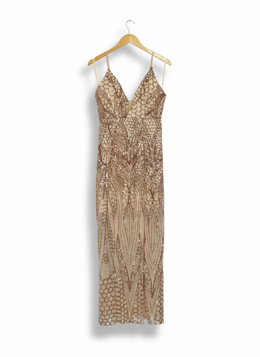 STREET HEART |M| BUST 16| ROSE GOLD SEQUIN ART DECO GOWN MAXI DRESS