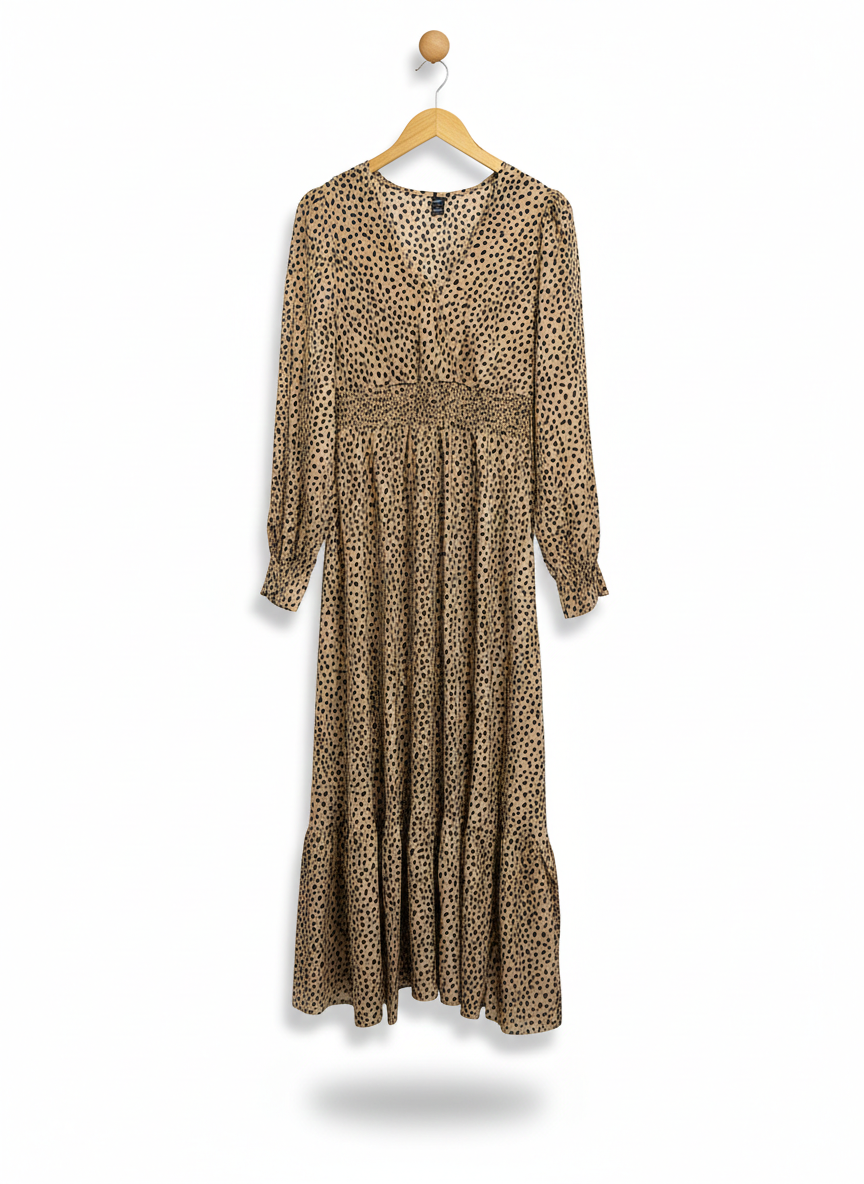 SHEIN |L| BUST 18| C6| TAN DALMATIAN PRINT MAXI DRESS WITH SMOCKED WAIST