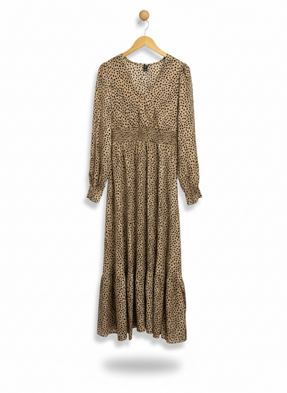 SHEIN |L| BUST 18| C6| TAN DALMATIAN PRINT MAXI DRESS WITH SMOCKED WAIST
