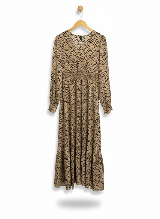 SHEIN |L| BUST 18| C6| TAN DALMATIAN PRINT MAXI DRESS WITH SMOCKED WAIST