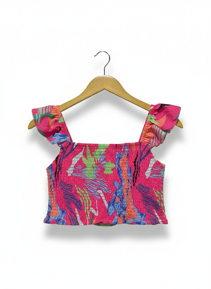 WOMEN'S VIBRANT ABSTRACT SMOCKED CROP TOP |S| BUST 14|