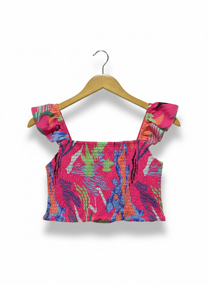 WOMEN'S VIBRANT ABSTRACT SMOCKED CROP TOP |S| BUST 14|