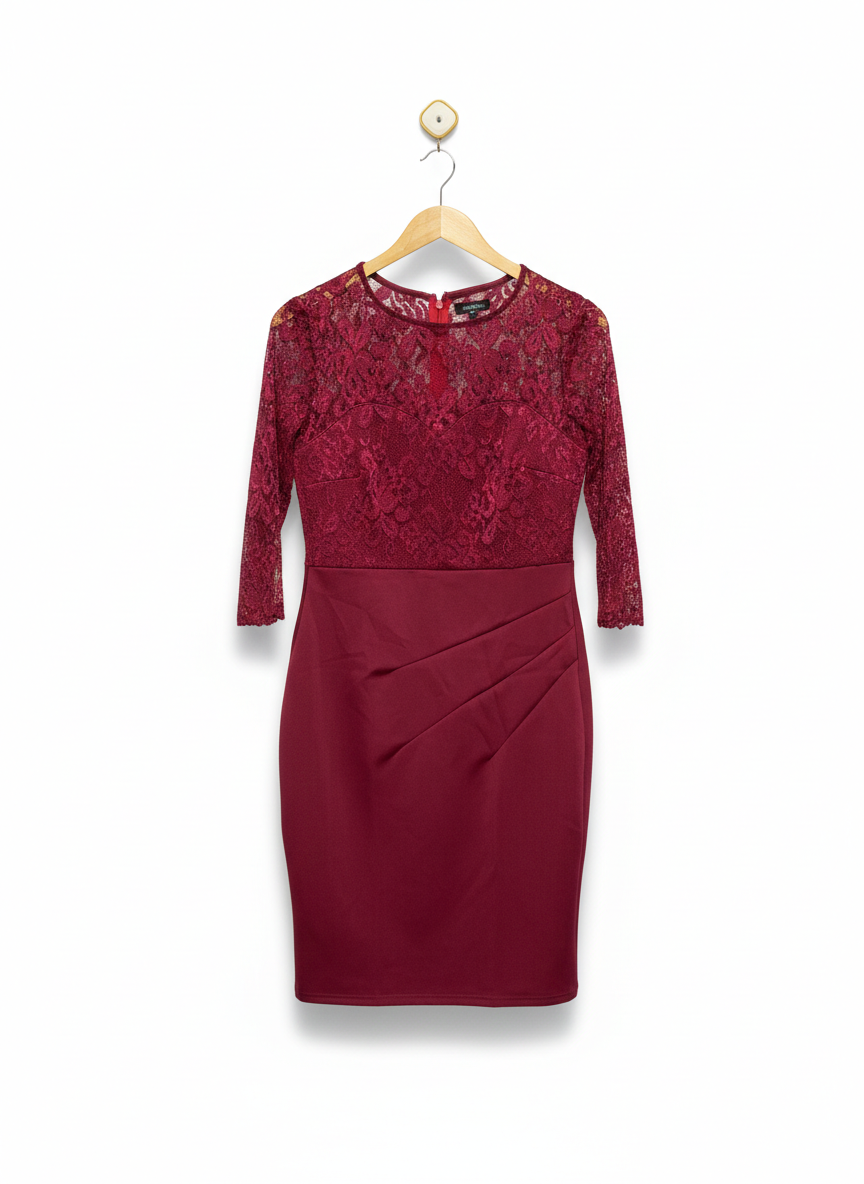 WINE RED LACE AND RUCHED BODYCON DRESS |M| BUST 17|