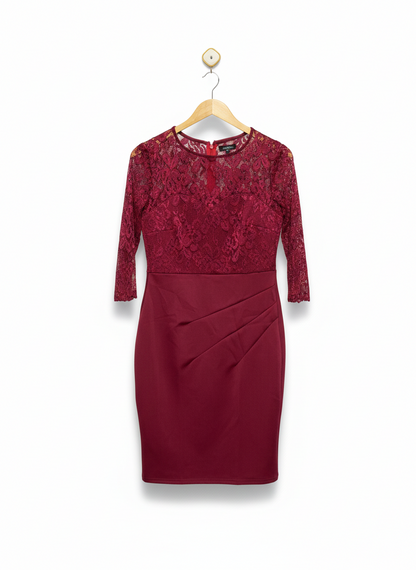 WINE RED LACE AND RUCHED BODYCON DRESS |M| BUST 17|