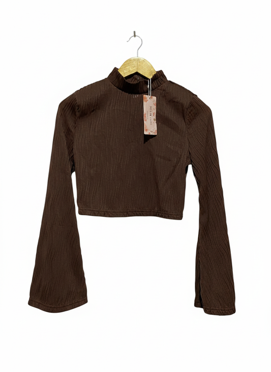 SHEIN|M|BUST 16|  brown textured mock-neck crop top with dramatic bell or flare sleeves