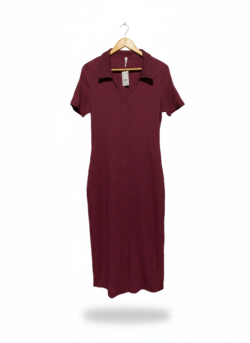 & ME |L| BUST 18| TEXTURED BURGUNDY BUTTON-DOWN MIDI DRESS