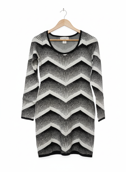 Say What? Black & White Print Flattering Hourglass Sweater Dress.W-16.5 / L-32