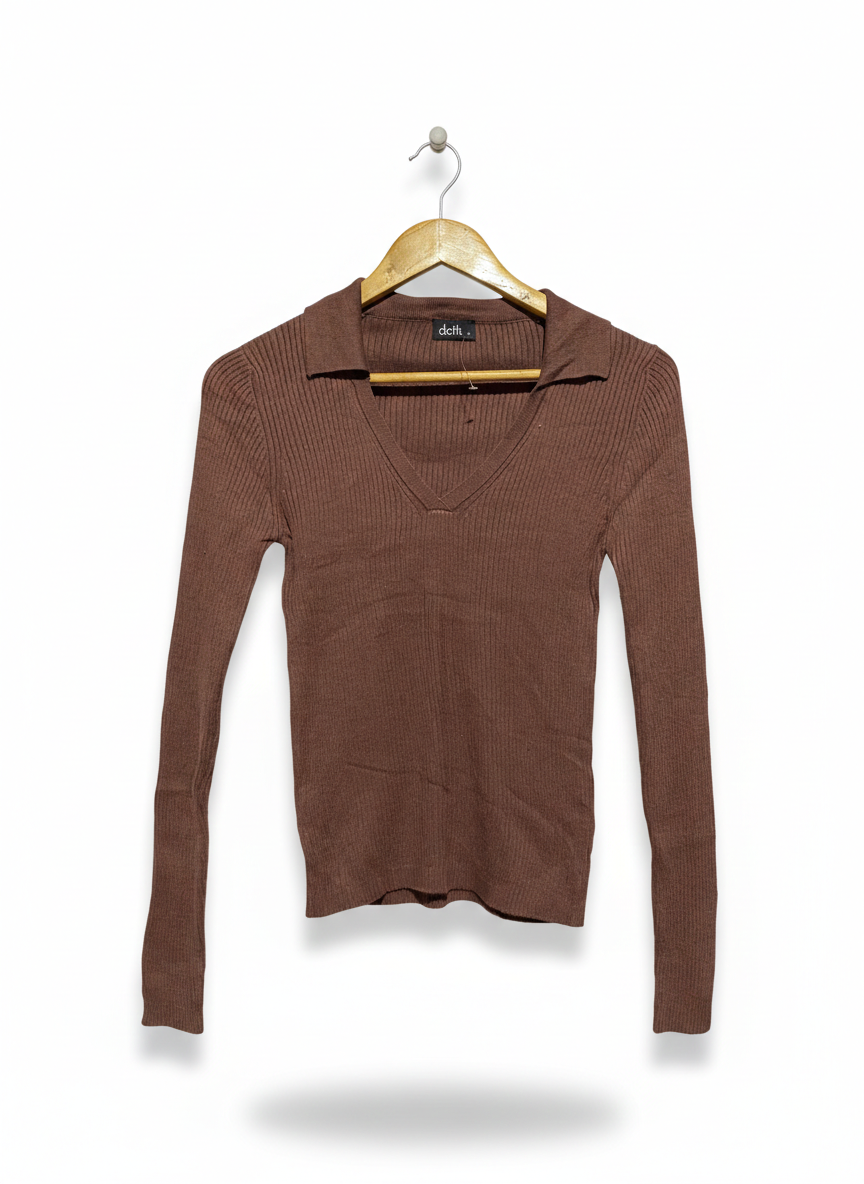 DOTTI |XS| BUST 14| CHOCOLATE BROWN RIBBED POLO TOP