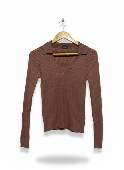 DOTTI |XS| BUST 14| CHOCOLATE BROWN RIBBED POLO TOP